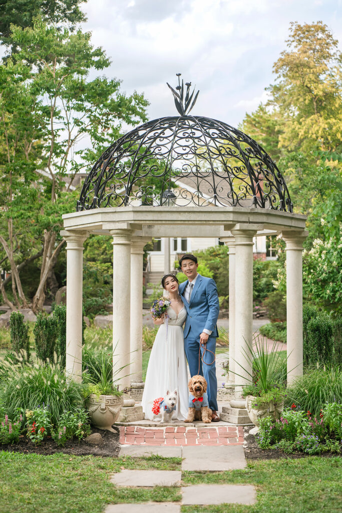 Wedding with dogs in Sayen House and Gardens, Hamilton NJ